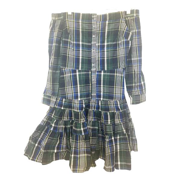Gianni Bini Mini Dress S Blue Tartan Off Shoulder Button Up Preppy Schoolgirl - Picture 1 of 7